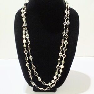 Premier Designs 60" Black White Faux Pearl & Faceted Bead Necklace